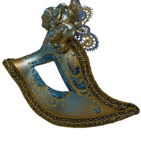 La Maschera del Galeone Venetian Mask 2013 Hand Painted Italy Blue Gold Roses - Picture 8 of 9